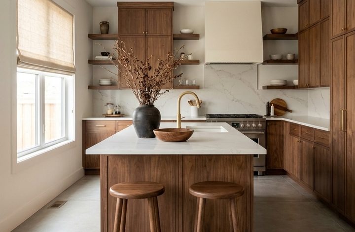 Walnut kitchen with white stone island and timber stools