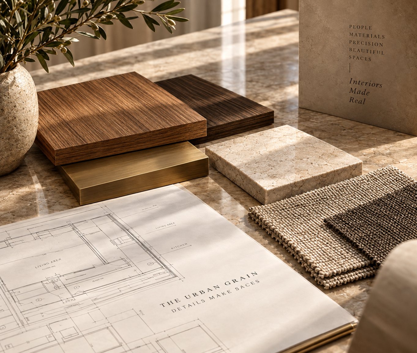 Material samples and drawings on a studio table