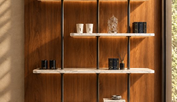 Finished walnut shelving unit with stone shelves