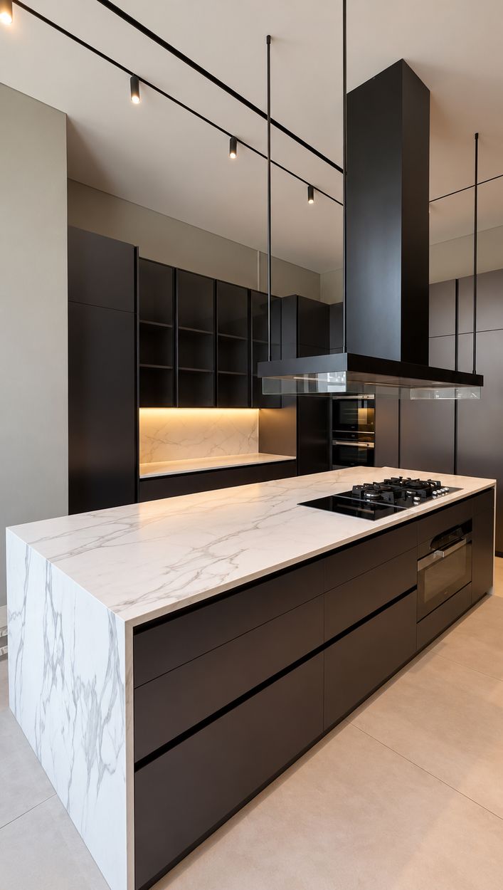 Dark handle-less kitchen island with marble waterfall worktop