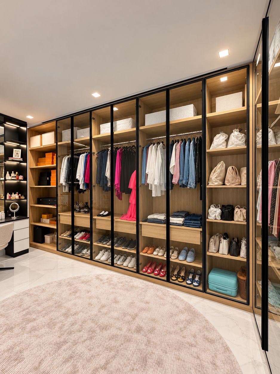 Walk-in wardrobe with black-framed glass doors, shoes and hanging clothes